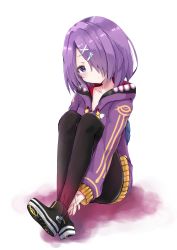 Rule 34 | .live, 1girl, amano kouki, black footwear, black pantyhose, blush, boots, closed mouth, collarbone, commentary request, crossed ankles, full body, hair ornament, hair over one eye, hairclip, head tilt, highres, hood, hood down, hoodie, kiso azuki, knees up, long sleeves, looking at viewer, pantyhose, puffy long sleeves, puffy sleeves, purple eyes, purple hair, purple hoodie, shoe soles, sitting, sleeves past wrists, solo, virtual youtuber, x hair ornament