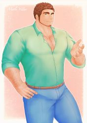 Rule 34 | 1boy, absurdres, alternate pectoral size, arm hair, axis powers hetalia, bara, beard, brown hair, bulge, chest hair, cowboy shot, denim, facial hair, highres, jeans, large pectorals, looking at viewer, male focus, mature male, mono (3436234), muscular, muscular male, pants, partially unbuttoned, pectoral cleavage, pectorals, short hair, smile, solo, thick eyebrows, thick thighs, thighs, turkey (hetalia)