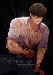 Rule 34 | 1boy, bad id, bad twitter id, bara, blood, blood on face, blood on hands, brown hair, collared shirt, commission, feet out of frame, half-closed eyes, hand on own hip, highres, injury, large pectorals, looking at viewer, male focus, manspreading, muscular, muscular male, original, pectoral cleavage, pectorals, rain, see-through, shirt, short hair, sleeves rolled up, smirk, solo, thick eyebrows, wet, wet clothes, wet shirt, yellow eyes, yotti