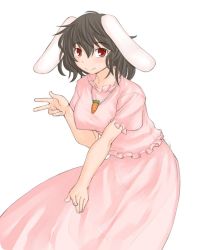 Rule 34 | 1girl, animal ears, black hair, blush, breasts, carrot, carrot necklace, dress, female focus, inaba tewi, jewelry, kasuga yukihito, large breasts, necklace, aged up, panties, rabbit ears, rabbit girl, rabbit tail, red eyes, see-through, short hair, smile, solo, tail, touhou, underwear, v, white panties