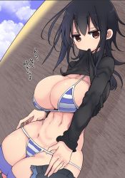 Rule 34 | 1girl, abs, bikini, bikini under clothes, black hair, blue bikini, blue sky, breasts, brown eyes, character request, check character, cleavage, cloud, cloudy sky, colored eyelashes, commentary request, cool-kyou shinja, curvy, day, expressionless, half-closed eyes, hand in bikini, jitome, komori-san wa kotowarenai!, large breasts, long fingers, long hair, long sleeves, looking at viewer, lowleg, lowleg bikini, mouth hold, narrow waist, navel, negishi masako, outdoors, raised eyebrows, skindentation, sky, solo, stomach, string bikini, striped bikini, striped clothes, striped thighhighs, swimsuit, thick thighs, thighhighs, thighs, thong bikini, translation request, undressing, wide hips