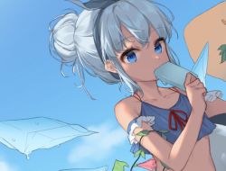 Rule 34 | 1girl, alternate hairstyle, bad id, bad twitter id, blue eyes, blue hair, blue sky, cirno, crop top, cropped, day, eating, food, hair bun, hair ribbon, hair up, hajin, holding, holding food, ice, ice wings, looking at viewer, melting, outdoors, popsicle, ribbon, single hair bun, sky, solo, summer, tan, tanned cirno, touhou, wings