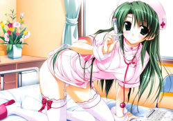 Rule 34 | all fours, artist request, bed, blush, breasts, character request, cleavage, green eyes, green hair, nurse, panties, smile, source request, underwear