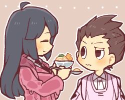 Rule 34 | 1boy, 1girl, ahoge, black hair, black necktie, bowl, breasts, brown eyes, brown hair, closed eyes, closed mouth, collared shirt, commentary request, dessert, e.g.o (project moon), employee (project moon), food, hatake shimeji, holding, holding bowl, holding spoon, jacket, light brown background, lobotomy corporation, long hair, long sleeves, lowres, medium breasts, necktie, open clothes, open jacket, outline, pink jacket, pink vest, project moon, shirt, short hair, simple background, slime (substance), smile, spoon, uneven eyes, vest, wavy mouth, white necktie, white outline, white shirt
