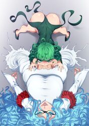 Rule 34 | 1futa, 1girl, anus, ass, bralines, breasts, cheek bulge, curvy, deep penetration, deepthroat, fellatio, futa with female, futanari, green hair, highres, huge ass, huge penis, large breasts, large testicles, multiple girls, one-punch man, oral, penis, psykos, shaking, size difference, small breasts, sweat, tatsumaki, testicles, the golden smurf, thick thighs, thighs, uncensored, waru-geli, wide hips