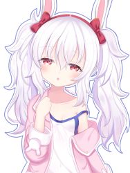Rule 34 | 1girl, :o, absurdres, animal ears, azur lane, bare shoulders, bow, breasts, camisole, collarbone, commentary request, covered navel, drooling, hair between eyes, hairband, hand up, highres, jacket, laffey (azur lane), long hair, long sleeves, looking at viewer, mouth drool, off shoulder, open clothes, open jacket, outline, parted lips, pink jacket, rabbit ears, red bow, red eyes, red hairband, satori (ymoy), silver hair, simple background, small breasts, solo, strap slip, twintails, upper body, white background, white camisole