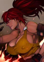 Rule 34 | 1girl, breasts, cleavage, covered erect nipples, crop top, dog tags, gloves, large breasts, leona heidern, long hair, ponytail, red hair, snk, yasunososaku