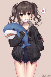 Rule 34 | 1girl, absurdres, artist name, bad id, bad pixiv id, blush, brown background, brown eyes, brown hair, gantan, hair ribbon, hand in pocket, heart, highres, holding, holding stuffed toy, idolmaster, idolmaster cinderella girls, long sleeves, looking at viewer, mask, mole, mole under eye, mouth mask, one-piece swimsuit, open mouth, ribbon, sharp teeth, short hair, simple background, solo, spoken heart, standing, stuffed animal, stuffed shark, stuffed toy, sunazuka akira, surgical mask, swimsuit, swimsuit under clothes, teeth, thighs, twintails