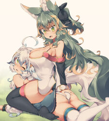 Rule 34 | 2girls, animal ears, ass, black bow, black thighhighs, blue hair, blush, bow, breasts, cleavage, grass, green eyes, green hair, grey background, hair between eyes, hair bow, kuromiya, kuromiya raika (kuromiya), large breasts, long hair, lying, multicolored hair, multiple girls, on stomach, one eye closed, open mouth, orange hair, original, panties, shiromiya asuka (kuromiya), simple background, sitting, sitting on person, tail, thighhighs, twitter username, two-tone hair, underwear, white hair, white panties, white thighhighs