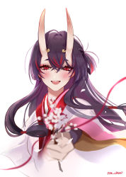 Rule 34 | 1girl, :d, absurdres, artist name, character request, cherry blossoms, chiyo (genshin impact), genshin impact, highres, holding, horns, japanese clothes, kimono, long hair, looking at viewer, oni, oni horns, open mouth, pnk crow, purple eyes, purple hair, simple background, smile, solo, white background, white kimono