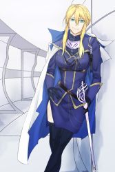 Rule 34 | 1girl, artist request, artoria pendragon (fate), artoria pendragon (lancer) (fate), artoria pendragon (lancer) (formal dress) (fate), bad id, bad pixiv id, black gloves, blonde hair, blue eyes, braid, breasts, cape, crossed legs, fate/grand order, fate (series), french braid, gloves, hand on own hip, highres, large breasts, leaning, looking at viewer, rapier, side slit, sidelocks, smile, solo, sword, thighhighs, weapon