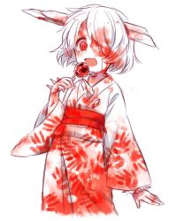 Rule 34 | 1girl, albino, blood, blood in hair, blood on clothes, blood on face, bracelet, candy apple, female focus, food, guro, hair over one eye, handprint, highres, impaled, injury, japanese clothes, jewelry, kimono, kushizashi-chan, mikan (ama no hakoniwa), open mouth, original, red eyes, short hair, solo, spiked bracelet, spikes, white background, white hair