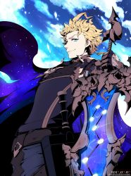 Rule 34 | 1boy, armor, blonde hair, blue eyes, cape, cloud, dated, day, gloves, granblue fantasy, looking at viewer, male focus, nozomu144, sheath, sheathed, seofon (granblue fantasy), sky, smile, solo, sparkle, star (symbol), sword, twitter username, weapon