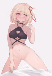 Rule 34 | 1girl, absurdres, bed, bed sheet, bikini, black bikini, blonde hair, blush, bob cut, bottomless, breasts, cleavage cutout, cleft of venus, clothing cutout, hair ribbon, heart, highres, jewelry, kneeling, lycoris recoil, medium breasts, midriff, navel, nishikigi chisato, on bed, pure white a type, pussy, red eyes, red ribbon, ribbon, ring, short hair, simple background, solo, spread legs, swimsuit, symbol in eye, thighs, untying, wedding ring, white background