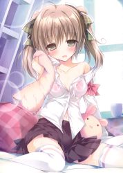 Rule 34 | 1girl, :d, :x, absurdres, bare shoulders, blush, bra, brown hair, collarbone, eyelashes, green eyes, highres, indoors, karory, looking at viewer, navel, off shoulder, open mouth, parted lips, pillow, pink bra, school uniform, see-through, sitting, skirt, smile, solo, stuffed animal, stuffed rabbit, stuffed toy, thighhighs, towel, two side up, underwear, wariza, white thighhighs