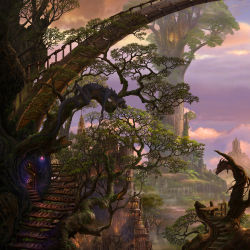 Rule 34 | bridge, cityscape, creature, dragon, fantasy, forest, kazumasa uchio, nature, no humans, original, scenery, stairs, tree, treehouse, uchio kazumasa