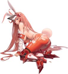 Rule 34 | 1girl, absurdres, animal ears, armband, breasts, fake tail, highres, huge breasts, injury, last origin, meme attire, mole, mole under eye, niba (last origin), rabbit ears, rabbit tail, red armband, reverse bunnysuit, reverse outfit, simple background, solo, tail, tears, torn clothes, transparent background, zig90