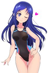 Rule 34 | 1girl, arms at sides, black one-piece swimsuit, blue eyes, blue hair, blue one-piece swimsuit, braid, breasts, collarbone, cowboy shot, dokidoki! precure, forehead, gluteal fold, hand on own hip, head tilt, heart, highres, hishikawa rikka, kaatsu katsurou, lips, looking at viewer, medium breasts, multicolored clothes, multicolored swimsuit, one-piece swimsuit, one eye closed, parted bangs, precure, red one-piece swimsuit, simple background, smile, solo, swept bangs, swimsuit, thighs, white background