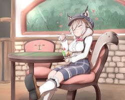 Rule 34 | 1girl, :t, blush, bow, bowtie, brown footwear, cabbie hat, casual, center frills, closed eyes, commission, ears through headwear, eating, eurasian lynx (kemono friends), frilled sleeves, frilled socks, frills, grey hair, grey hat, grey shorts, hat, heart, highres, kemono friends, kemono friends 3, loafers, long sleeves, lynx ears, lynx girl, lynx tail, multicolored hair, official alternate costume, parfait, pixiv commission, plaid, plaid headwear, plaid shorts, puffy sleeves, red bow, red bowtie, semi-rimless eyewear, shirt, shoes, short hair, shorts, sitting, socks, solo, spoon, taurine 8000mg, two-tone hair, white-framed eyewear, white shirt, white socks