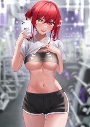 Rule 34 | 1girl, absurdres, alternate costume, blurry, blurry background, breasts, cellphone, clothes lift, gym, heterochromia, highres, holding, holding phone, hololive, houshou marine, large breasts, lifted by self, nacho (nacho 1103), navel, phone, red eyes, red hair, selfie, shirt lift, short shorts, shorts, smartphone, solo, sports bra, sportswear, stomach, sweat, taking picture, thighs, twintails, underboob, virtual youtuber, yellow eyes