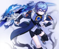 Rule 34 | 1boy, black gloves, black shirt, black shorts, blue coat, blue eyes, blue hair, bright pupils, coat, commentary, elsword, fingerless gloves, g1 (jjw00123), gloves, hair between eyes, high collar, highres, holding, holding weapon, knees, looking to the side, male focus, noah ebalon, parted lips, shirt, shoes, short hair, shorts, solo, weapon