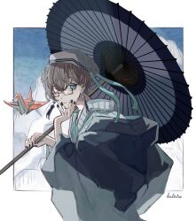 Rule 34 | 1boy, aqua eyes, artist name, border, commentary request, earrings, hair over one eye, hat, highres, jewelry, kuleha s, looking at viewer, oil-paper umbrella, origami, original, ribbon, sailor hat, short hair, signature, solo, tagme, umbrella, white border