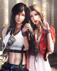Rule 34 | 2girls, 3d, absurdres, aerith gainsborough, asymmetrical bangs, black hair, bracelet, breasts, brown hair, choker, church, cropped jacket, dress, final fantasy, final fantasy vii, final fantasy vii remake, fingerless gloves, gloves, green eyes, highres, holding hands, jacket, jewelry, large breasts, materia, medium breasts, midriff, multiple girls, navel, necklace, open mouth, parted bangs, pink dress, red eyes, red jacket, ria-neearts, shirt, sidelocks, skirt, smile, square enix, suspender skirt, suspenders, tifa lockhart, upper body, v, wavy hair, white shirt