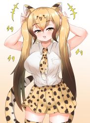 Rule 34 | +++, 1girl, akaisuto, alternate hairstyle, animal ears, animal print, arms up, bare arms, blonde hair, breast pocket, brown hair, cat girl, cheetah (kemono friends), cheetah ears, cheetah girl, cheetah print, cheetah tail, collared shirt, commentary request, extra ears, fang, fingernails, gradient hair, hair between eyes, half-closed eyes, highres, holding, holding own hair, kemono friends, long hair, looking at viewer, miniskirt, multicolored hair, nail polish, necktie, open mouth, pleated skirt, pocket, print necktie, print neckwear, print skirt, print thighhighs, shirt, short sleeves, skirt, smile, solo, tail, thighhighs, twintails, two-tone hair, very long hair, white shirt, wing collar, yellow eyes, zettai ryouiki