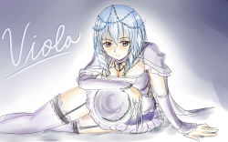 Rule 34 | 1girl, blue eyes, blue hair, blush, breasts, character name, claw (weapon), cleavage, detached sleeves, drill hair, du-, garter straps, hair ornament, jewelry, lying, matching hair/eyes, necklace, on side, orb, solo, soul calibur, soulcalibur v, thighhighs, twin drills, twintails, viola (soulcalibur), weapon