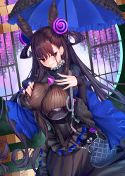 Rule 34 | 1girl, black dress, blush, breast press, breasts, brown hair, closed mouth, coin purse, cone hair bun, detached sleeves, double bun, dress, eyeshadow, fate/grand order, fate (series), fingernails, frills, hair between eyes, hair bun, hair ornament, hand on own chest, highres, holding, large breasts, long hair, long sleeves, looking at viewer, makeup, murasaki shikibu (fate), obiwan, puffy sleeves, purple eyes, shiny clothes, simple background, smile, solo, striped, turtleneck, umbrella, vertical stripes, very long hair, wide sleeves