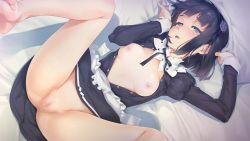Rule 34 | 1girl, apron, barefoot, bed sheet, bishoujo mangekyou, bishoujo mangekyou: kami ga tsukuritamouta shoujo-tachi, bishoujo mangekyou (series), black eyes, black hair, blush, bottomless, breasts, censored, dorothy (bishoujo mangekyou), feet, flower, game cg, hair flower, hair ornament, hairband, happoubi jin, lying, mosaic censoring, nipples, on back, open mouth, puffy sleeves, pussy, pussy juice, short hair, small breasts, solo, spread legs, toes, unbuttoned, waist apron