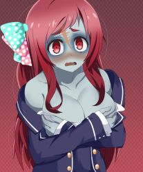 Rule 34 | 10s, 1girl, bare shoulders, blue skin, blush, bow, breasts, carlos daniel, checkered background, cleavage, collarbone, colored skin, covering privates, covering breasts, eyeshadow, large breasts, long hair, makeup, minamoto sakura, off shoulder, open mouth, polka dot, polka dot bow, red eyes, red hair, scar, scar across eye, scar on face, scar on forehead, school uniform, simple background, solo, sweat, wavy mouth, zombie, zombie land saga