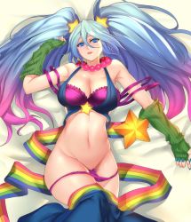 Rule 34 | 1girl, alternate costume, aqua eyes, aqua hair, arcade sona, bare shoulders, blue nails, breasts, elbow gloves, fingerless gloves, gloves, gradient hair, groin, highres, large breasts, league of legends, long hair, looking at viewer, lying, makeup, multicolored hair, nail polish, navel, on back, panties, panty pull, parted lips, pd (pdpdlv1), purple hair, purple panties, solo, sona (league of legends), twintails, two-tone hair, underwear, very long hair
