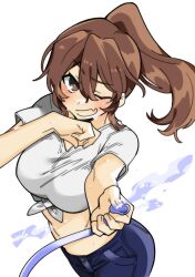 Rule 34 | 1girl, alternate hairstyle, ashigara (kancolle), blush, breasts, brown eyes, brown hair, denim, fang, front-tie top, hair between eyes, higaragi, highres, holding, holding hose, hose, jeans, kantai collection, large breasts, long hair, looking at viewer, midriff, one eye closed, open mouth, pants, ponytail, shirt, short sleeves, simple background, skin fang, solo, water, wet, white background, white shirt