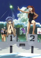 Rule 34 | 4girls, ayanami rei, barefoot, blue eyes, blue hair, cloud, female focus, highres, lens flare, multiple girls, neon genesis evangelion, one-piece swimsuit, open mouth, outdoors, pool, red eyes, school swimsuit, sky, souryuu asuka langley, sun, swimsuit