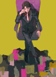 Rule 34 | 1boy, absurdres, black jacket, black pants, blazer, brown hair, chair, closed mouth, collared shirt, commentary, crossed legs, formal, full body, head rest, highres, ichijou seiya, jacket, kaiji, long hair, long sleeves, looking at viewer, male focus, medium bangs, necktie, office chair, pants, red eyes, red shirt, shirt, sitting, smile, solo, suit, swivel chair, white necktie, xt1125cj, yellow background