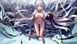 Rule 34 | 10s, 1girl, alternate hair color, breasts, carol (guilty crown), detached sleeves, guilty crown, guilty crown lost christmas, hair ornament, long hair, looking at viewer, open mouth, red eyes, revealing clothes, silver hair, solo, wangchuan de quanyan, yuzuriha inori