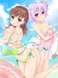 Rule 34 | 10s, 2girls, alternate costume, alternate hairstyle, bikini, unworn bikini, blue sky, blurry, braid, breasts, brown eyes, brown hair, chestnut mouth, cleavage, cloud, cloudy sky, collarbone, commentary request, covering privates, covering breasts, crown braid, day, depth of field, hair ornament, highres, horizon, kantai collection, ko yu, long hair, looking at viewer, multiple girls, ocean, one side up, ooi (kancolle), parted lips, purple hair, red eyes, short hair, side-tie bikini bottom, sky, sweat, swimsuit, tama (kancolle), topless