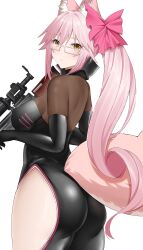 Rule 34 | 1girl, absurdres, animal ear fluff, animal ears, arind yudha, ass, black bodysuit, black gloves, blush, bodysuit, breasts, closed mouth, elbow gloves, fate/grand order, fate (series), fox ears, fox girl, fox tail, from behind, glasses, gloves, gun, hair ornament, highres, hip vent, holding, holding gun, holding weapon, koyanskaya (assassin) (first ascension) (fate), koyanskaya (fate), large breasts, long hair, ponytail, simple background, solo, tail, tamamo (fate), weapon, white background, yellow eyes