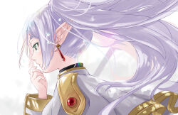Rule 34 | 1girl, blurry, blush, capelet, close-up, commentary, depth of field, drop earrings, earrings, elf, floating hair, frieren, green eyes, grey hair, hand up, highres, jewelry, l.f., long hair, long sleeves, looking afar, parted lips, pointy ears, profile, sad, simple background, solo, sousou no frieren, tearing up, tears, thick eyebrows, tsurime, twintails, white background, white capelet