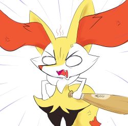 Rule 34 | 1girl, anger vein, angry, animal ear fluff, animal ears, animal nose, artist name, baseball bat, black fur, blank eyes, body fur, braixen, cowboy shot, creatures (company), dated, emphasis lines, eryz, fangs, female focus, flat chest, fox ears, fox girl, fox tail, furry, furry female, game freak, gen 6 pokemon, hands on own hips, holding, holding baseball bat, jpeg artifacts, nintendo, o o, open mouth, pokemon, pokemon (creature), revision, signature, simple background, sketch, snout, solo, standing, tail, textless version, v-shaped eyebrows, white background, white eyes, white fur, yellow fur