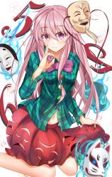 Rule 34 | 1girl, absurdres, bow, bowtie, bubble skirt, expressionless, fox mask, green bow, green shirt, hair between eyes, hannya, hata no kokoro, heart, highres, kneeling, long hair, long sleeves, looking at viewer, mask, moai21, navel, pink bow, pink bowtie, pink eyes, pink hair, plaid, plaid shirt, red skirt, shirt, skirt, solo, string, string of fate, touhou
