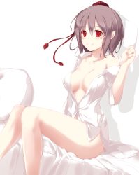 Rule 34 | 1girl, bare shoulders, bed, black hair, bottomless, breasts, breasts apart, brown hair, collarbone, dress shirt, fal maro, female focus, hat, highres, large breasts, looking at viewer, naked shirt, no bra, no pants, off shoulder, open clothes, open shirt, pointy ears, red eyes, shameimaru aya, shirt, smile, solo, tokin hat, touhou