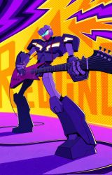 Rule 34 | autobot, cable, character name, commentary, commission, english commentary, guitar, head tilt, highres, instrument, looking at viewer, mecha, music, no humans, playing instrument, plectrum, redesign, rewind (transformers), rin (ratr0city), robot, science fiction, sparkle, transformers, visor