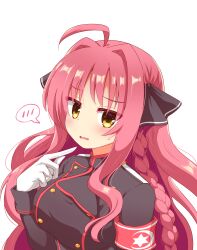 Rule 34 | 1girl, ahoge, armband, black jacket, black ribbon, blush, braid, breasts, commentary request, dracu-riot!, eyelashes, eyes visible through hair, frown, furrowed brow, gloves, hair intakes, hair ribbon, hair spread out, hakutocake, half updo, highres, index finger raised, jacket, large breasts, long hair, looking at viewer, military, military uniform, open mouth, parted bangs, pointing, pointing at self, red armband, red hair, ribbon, sidelocks, simple background, single braid, solo, spoken blush, sweatdrop, uniform, upper body, very long hair, wavy hair, white background, white gloves, yarai miu, yellow eyes