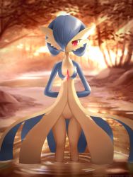 Rule 34 | 1girl, :3, absurdres, alternate color, alternate eye color, ancesra, arms behind back, artist name, blue skin, blurry, blurry background, blush, bob cut, breasts, closed mouth, colored skin, creatures (company), english text, female focus, forest, game freak, gardevoir, gen 3 pokemon, gluteal fold, hair over one eye, half-closed eyes, happy, highres, light rays, looking at viewer, multicolored skin, nature, nintendo, outdoors, partially submerged, patreon username, pokemon, pokemon (creature), pussy, red eyes, ripples, shiny pokemon, short hair, small breasts, smile, solo, standing, straight-on, stream, sunlight, sunset, tree, two-tone skin, uncensored, wading, water, watermark, white skin