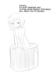 Rule 34 | 1girl, air conditioner, breasts, english text, greyscale, jiffic, mon-musu quest!, monochrome, monster girl, no nipples, nude, personification, short hair, simple background, sketch, smile, solo