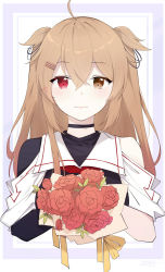 Rule 34 | 1girl, ahoge, asymmetrical clothes, bad id, bad pixiv id, black ribbon, black serafuku, bouquet, brown eyes, flower, gradient hair, hair between eyes, hair ribbon, heterochromia, highres, holding, holding bouquet, ieufg, kantai collection, light brown hair, long hair, looking at viewer, multicolored hair, murasame (kancolle), murasame kai ni (kancolle), red eyes, ribbon, rose, school uniform, serafuku, smile, solo, twintails, two side up, upper body