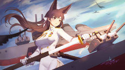 Rule 34 | 1girl, aiguillette, animal ears, atago (azur lane), azur lane, black hair, blush, breasts, brown eyes, buttons, commentary request, dated, extra ears, eyes visible through hair, floating hair, gloves, hair ribbon, highres, holding, holding sword, holding weapon, large breasts, long hair, long sleeves, looking away, looking to the side, machinery, military, military uniform, mole, mole under eye, outdoors, parted lips, pencil skirt, ribbon, sheath, side slit, simple background, skirt, sky, solo, standing, swept bangs, sword, taut clothes, turret, uniform, unsheathing, weapon, white gloves, white ribbon, white skirt, xiaoxiao nanjue buyaokeng
