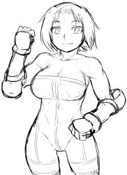 Rule 34 | 1girl, bad id, bad pixiv id, bare shoulders, breasts, cleavage, closed mouth, commentary request, final fantasy, final fantasy tactics, gloves, greyscale, large breasts, looking at viewer, monk (fft), monochrome, short hair, simple background, sketch, solo, tsukudani (coke-buta), unitard, white background